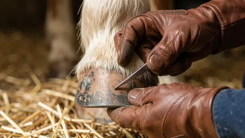 Manos limpiando el casco de un caballo con paleta - cuidados del caballo diarios
