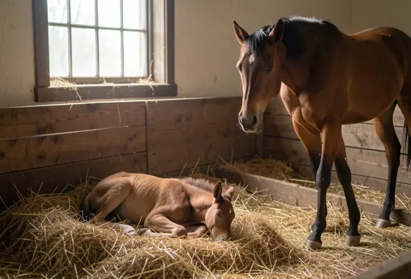 Newborn foal lying straw stable - calostro potro