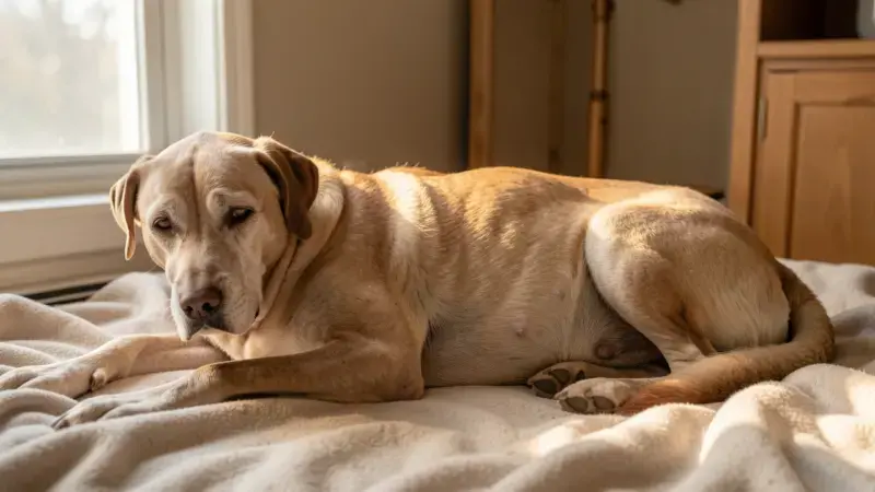 Perro mayor con abdomen péndulo característico del síndrome de Cushing canino