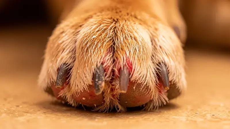 Pata de perro con piel enrojecida e inflamada entre los dedos por dermatitis alérgica