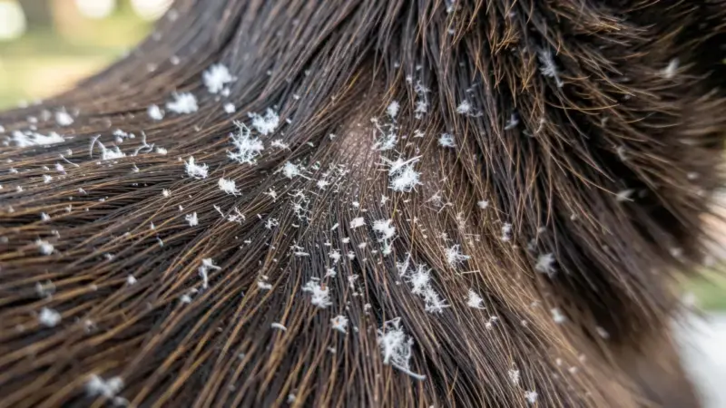 Piel de perro con caspa y descamación visible por dermatitis seborreica canina