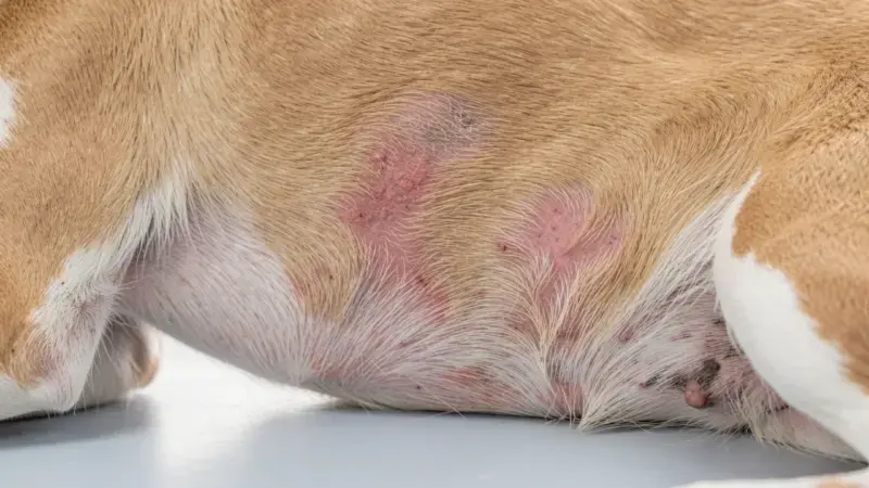Piel de perro con irritación rojiza y alopecia parcial en exploración veterinaria - enfermedades de piel en perros