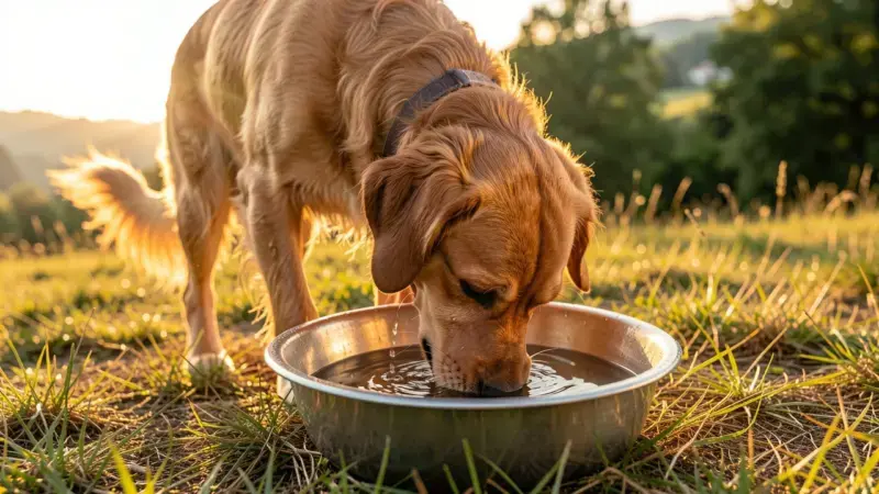 Perro bebiendo agua de un cuenco metálico en verano para prevenir la deshidratación