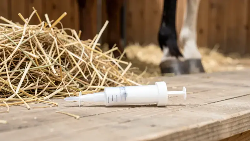 Jeringa de pasta desparasitante para caballos sobre paja en establo - desparasitar caballos