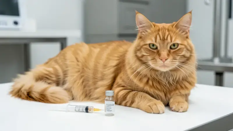 Jeringa de insulina junto a gato naranja en consulta veterinaria - diabetes en gatos tratamiento
