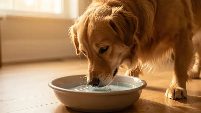 Perro bebiendo agua en exceso por polidipsia asociada a diabetes - síntomas diabetes canina