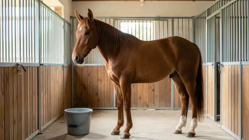 Caballo en establo durante revisión veterinaria digestiva - diarrea en caballos causas
