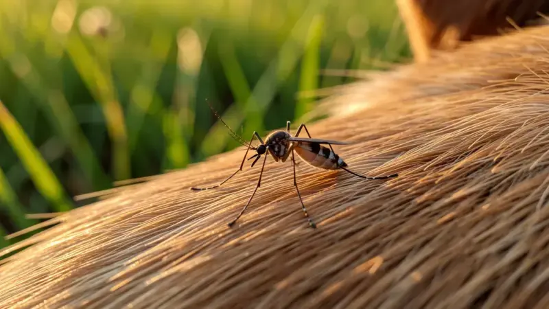 Mosquito en pelaje de perro en exterior - dirofilariasis gusano del corazón transmisión por mosquitos