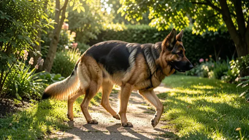 Pastor Alemán caminando con rigidez en patas traseras por displasia de cadera canina