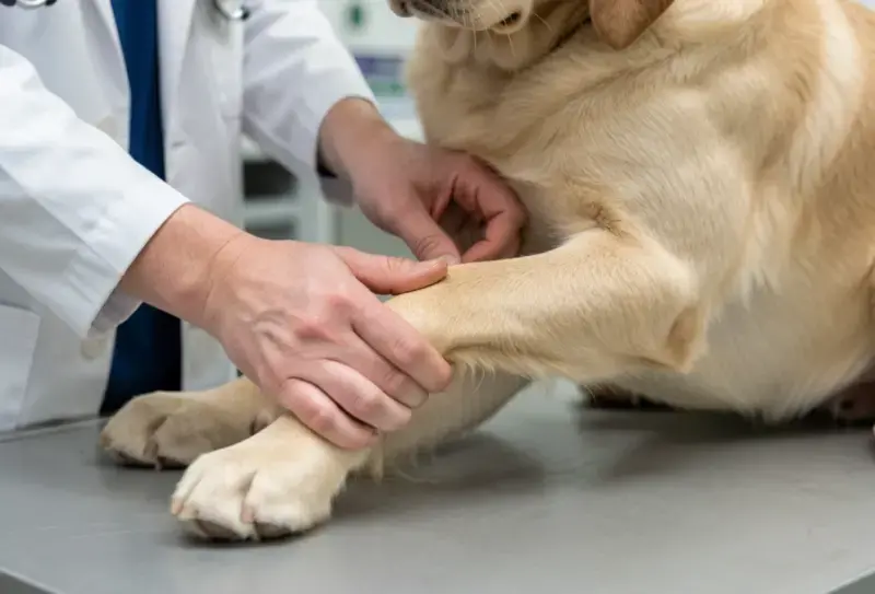 Perro en consulta veterinaria - salud canina y cuidados - displasia de codo en perros
