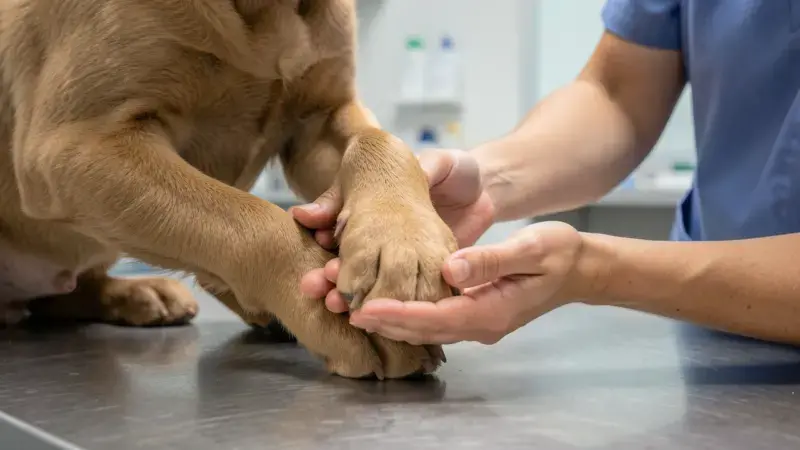 Veterinario examinando articulación del codo de cachorro raza grande - displasia de codo en perros diagnóstico