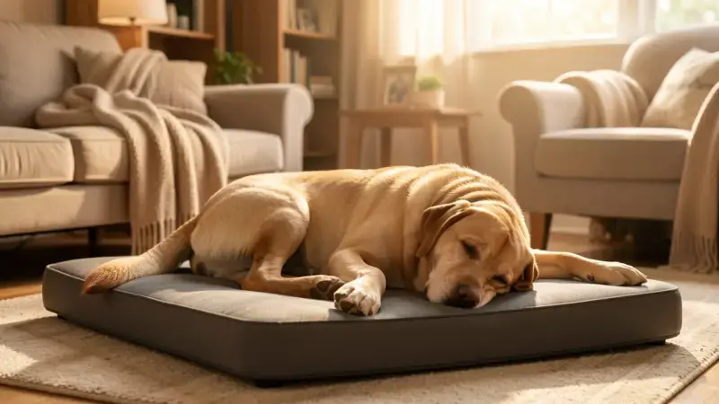 Perro labrador senior descansando en cama ortopédica por dolor articular - dolor articular perros