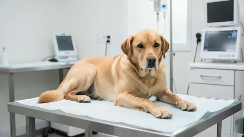 Perro bajo observación veterinaria en entorno clínico tranquilo - edema pulmonar en perros