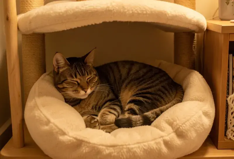 Calm pregnant tabby resting soft cushioned nesting home - embarazo gatas primerizas