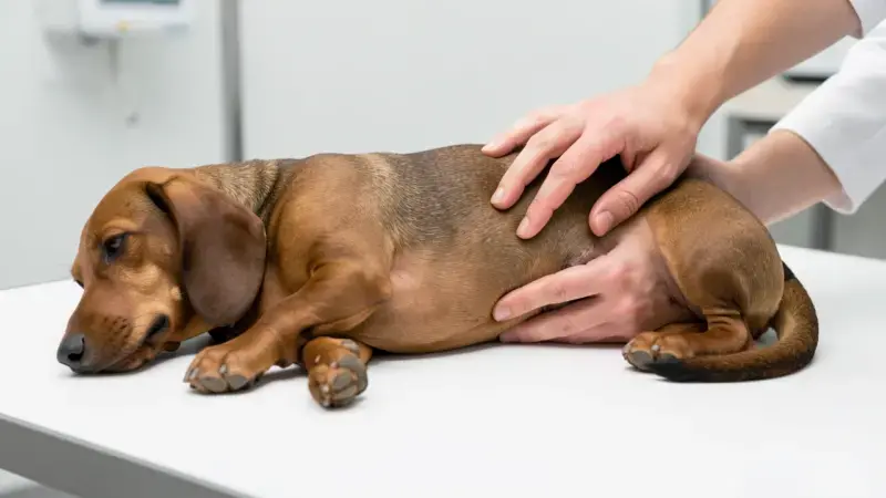 Veterinario palpando columna lumbar de perro Teckel con IVDD en mesa de exploración - ivdd perros