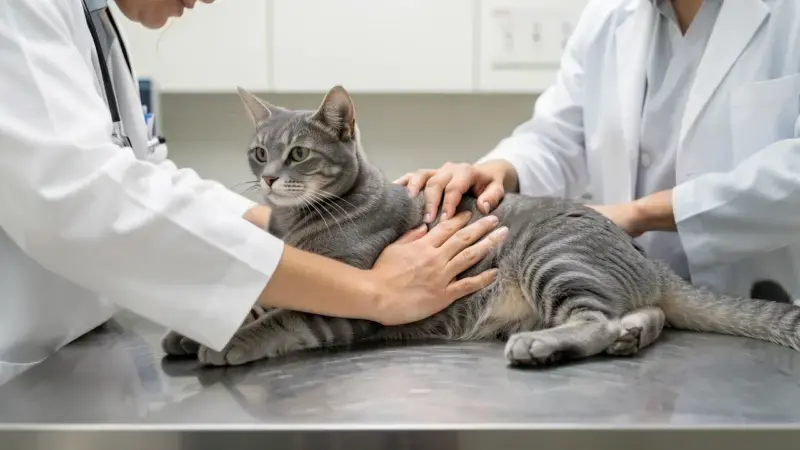 Veterinario palpando abdomen de gato gris en consulta - enfermedad inflamatoria intestinal en gatos