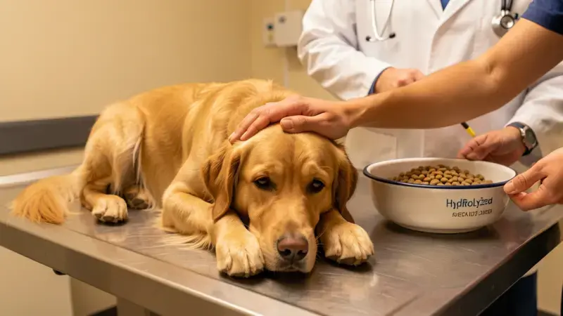 Perro en reposo durante control veterinario de enfermedad inflamatoria intestinal - EII canina dieta y tratamiento