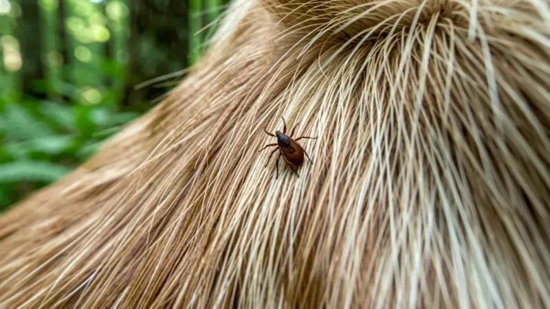 Garrapata Ixodes en pelo de perro en zona de monte - enfermedad de Lyme en perros transmisión
