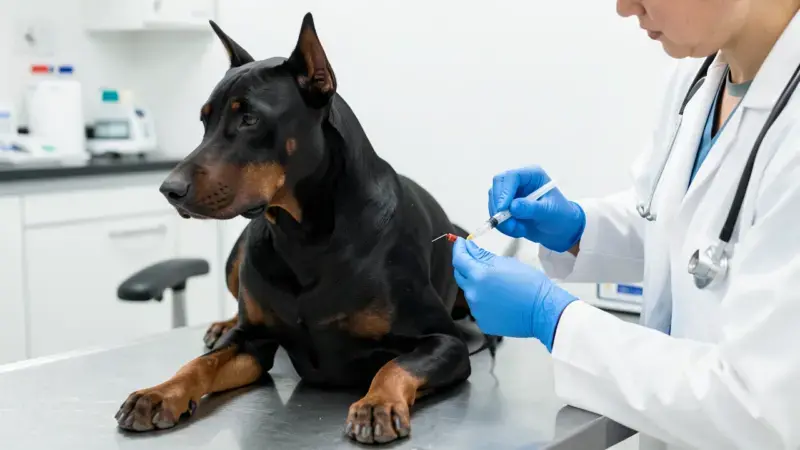 Veterinario extrayendo sangre a un Dobermann para test de Von Willebrand - prueba de coagulación canina