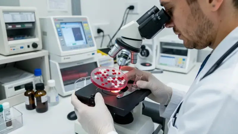 Veterinario analizando muestra de sangre en microscopio para diagnóstico de anemia hemolítica inmunomediada en perros