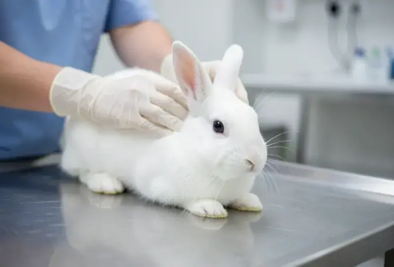 Close-up veterinarian gloves gently examining white rabbit stainless - enfermedades conejos