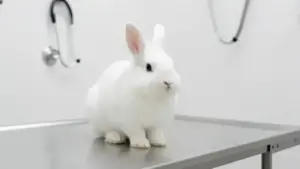 Conejo blanco en mesa de exploración veterinaria - enfermedades de los conejos diagnóstico