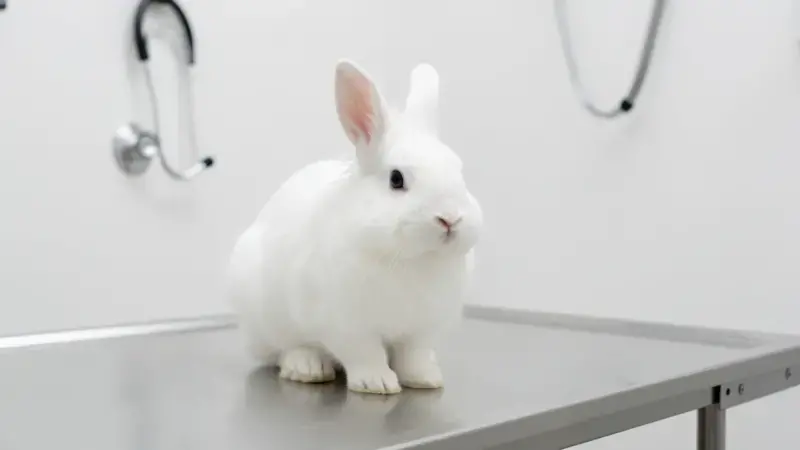 Conejo blanco en mesa de exploración veterinaria - enfermedades de los conejos diagnóstico