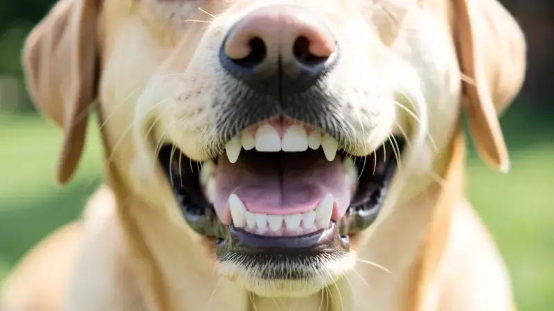 Primer plano de dientes sanos de labrador retriever con encías rosas - dientes de perro