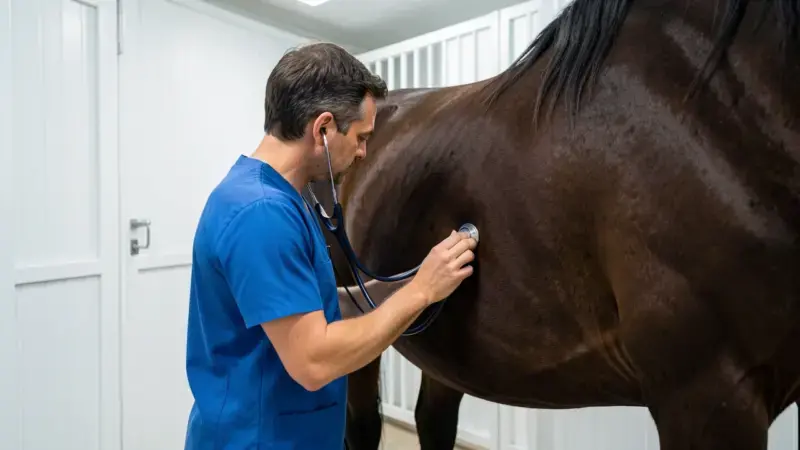 Veterinario auscultando el flanco de un caballo en una cuadra - enfermedades en caballos
