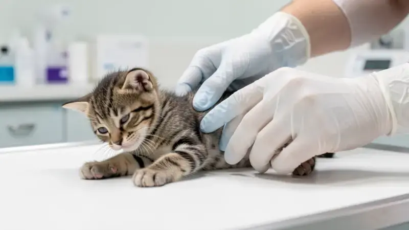 Gatito tabby de 8 semanas en consulta veterinaria - enfermedades en gatitos señales de alarma