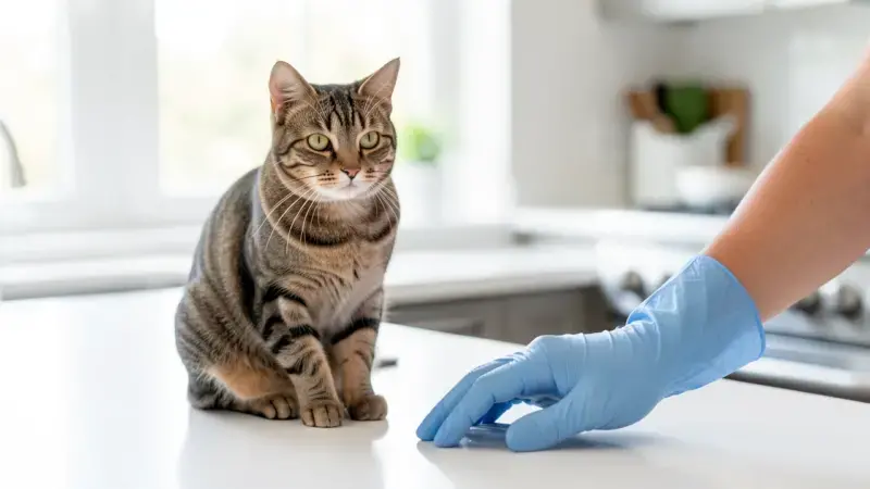 Gato doméstico junto a mano con guante de higiene - enfermedades que transmiten los gatos prevención