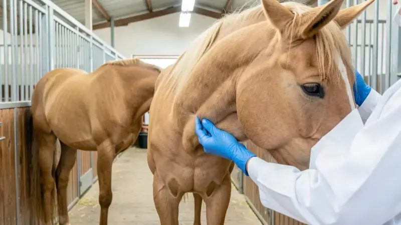 Veterinario con guantes azules examinando reproducción de yegua castaña - enfermedades venéreas caballos