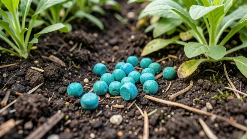 Cebos azules de metaldehído para caracoles en jardín peligrosos para perros por envenenamiento