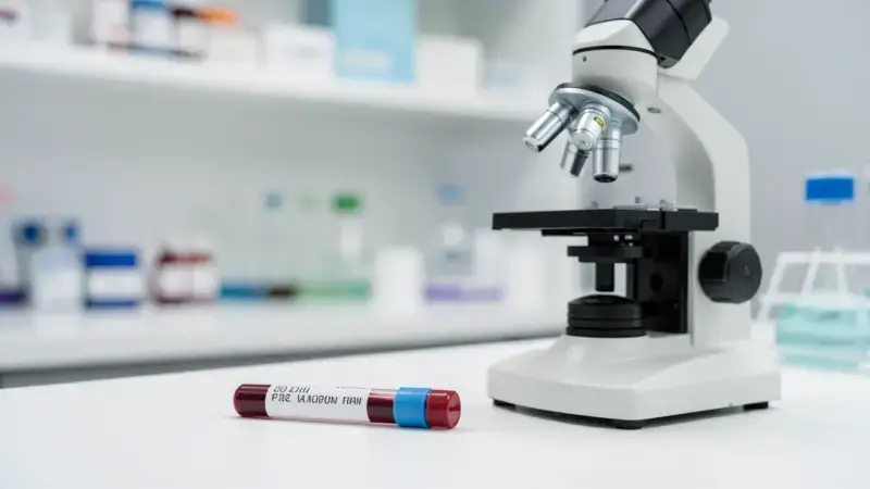 Tubo de muestra de sangre y microscopio en laboratorio veterinario - eosinofilia en perros