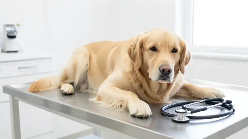 Perro golden retriever en mesa veterinaria examinado por convulsiones - convulsiones en perros