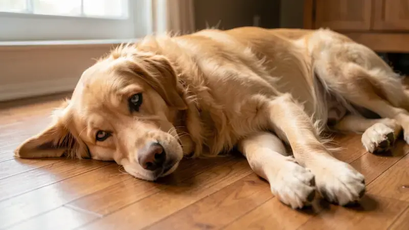 Perro tumbado en el suelo con aspecto desorientado tras una convulsión epiléptica - epilepsia en perros