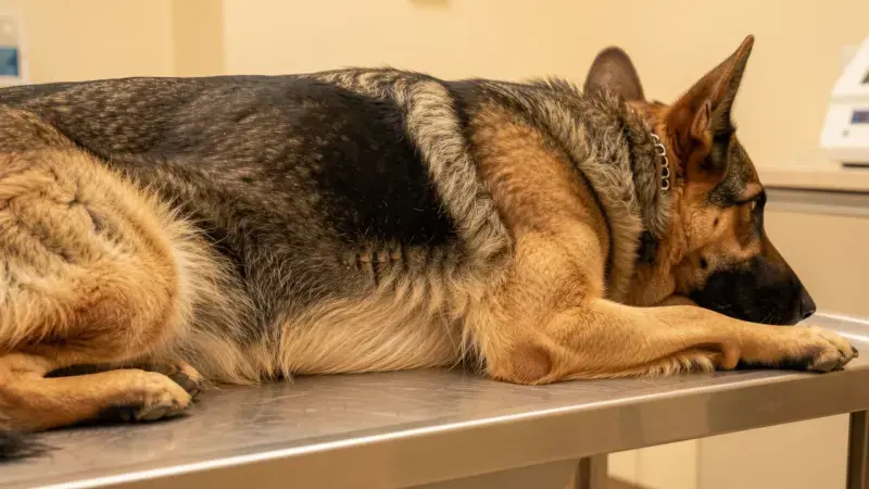 Perro mayor con espondilosis en mesa de exploración veterinaria - espondilosis deformante perros