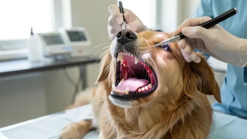 Exploración oral veterinaria de perro con encías enrojecidas y úlceras por estomatitis
