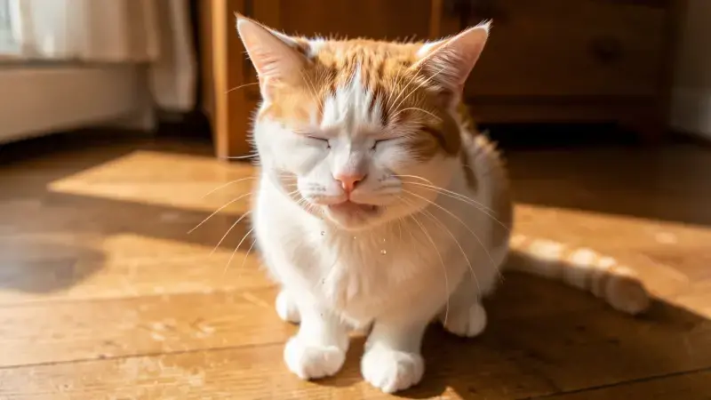 Gato naranja y blanco estornudando con gotas visibles - estornudo en gatos causas