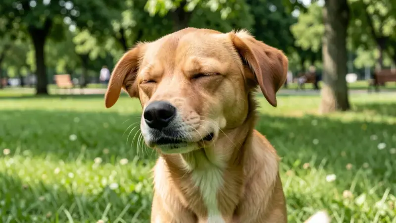 Perro estornudando en el parque con los ojos cerrados - causas de estornudos en perros