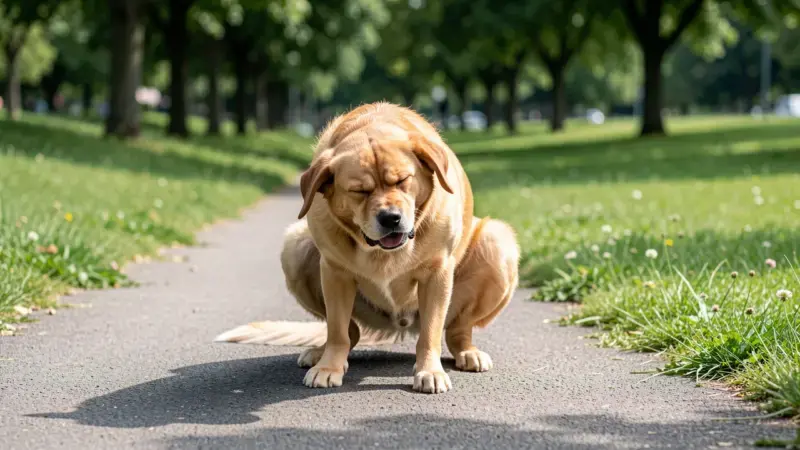 Perro en postura de esfuerzo defecatorio en parque - estreñimiento en perros señales de urgencia