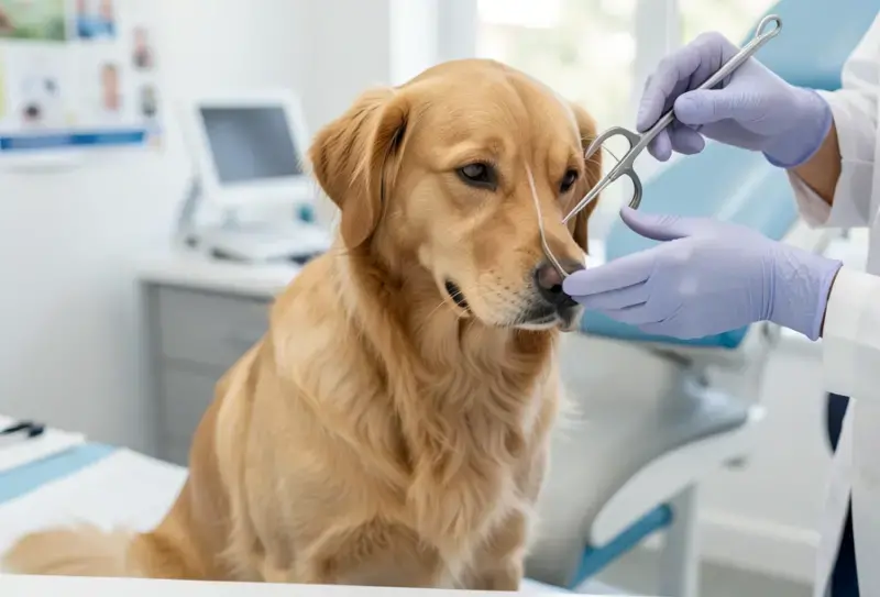 Perro en consulta veterinaria - salud canina y cuidados - examen dermatologico en perros