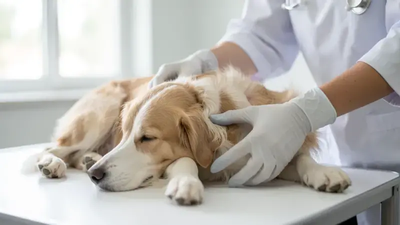 Veterinario examinando la piel y el pelo de un perro en consulta - examen dermatológico en perros