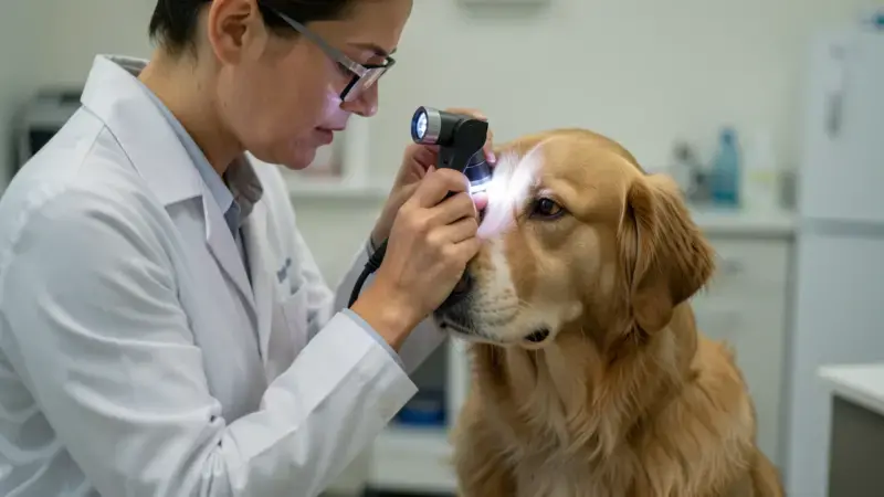 Veterinario examinando el ojo de un perro con oftalmoscopio - examen oftalmológico en perros