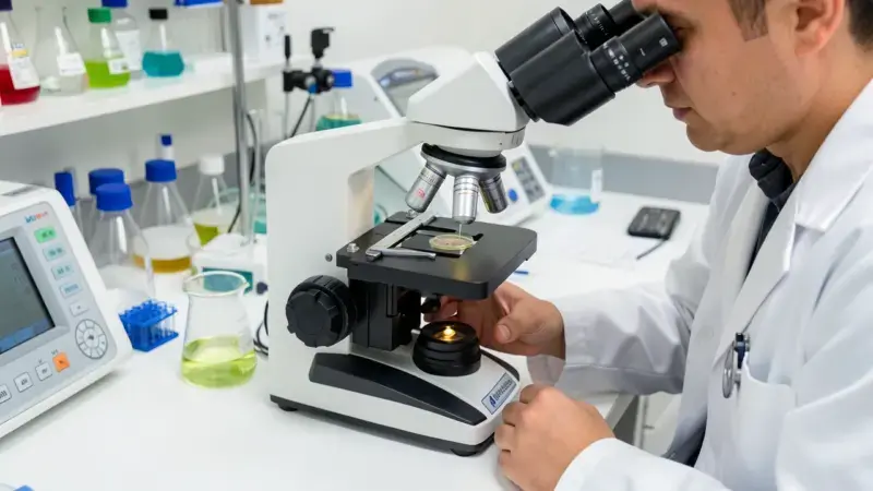 Veterinario analizando muestra de semen en microscopio para espermograma reproductivo canino
