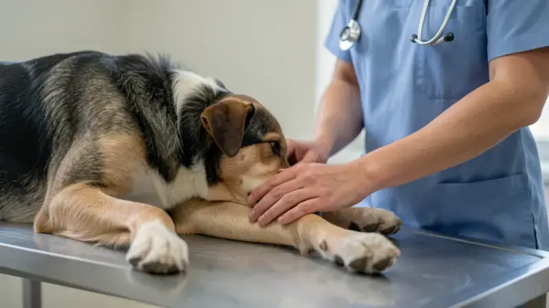 Veterinario revisando la articulación de la pata de un perro - examen traumatológico en perros