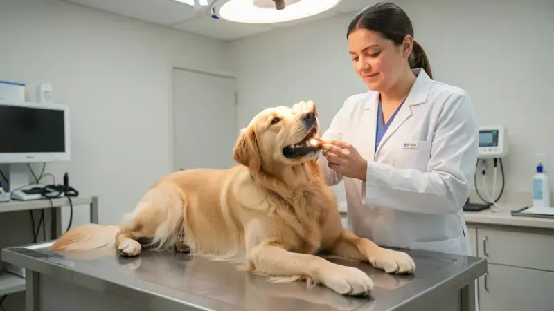 Veterinario examinando garganta de perro en consulta - faringitis en perros diagnóstico