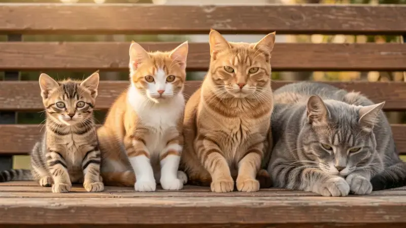 Cuatro gatos de distintas edades juntos representando las fases de la vida del gato