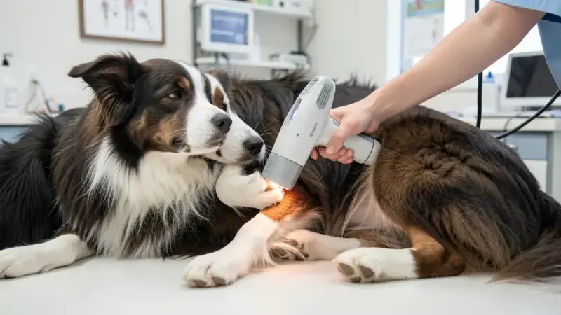 Perro recibiendo tratamiento de láser terapéutico en clínica veterinaria - fisioterapia para perros