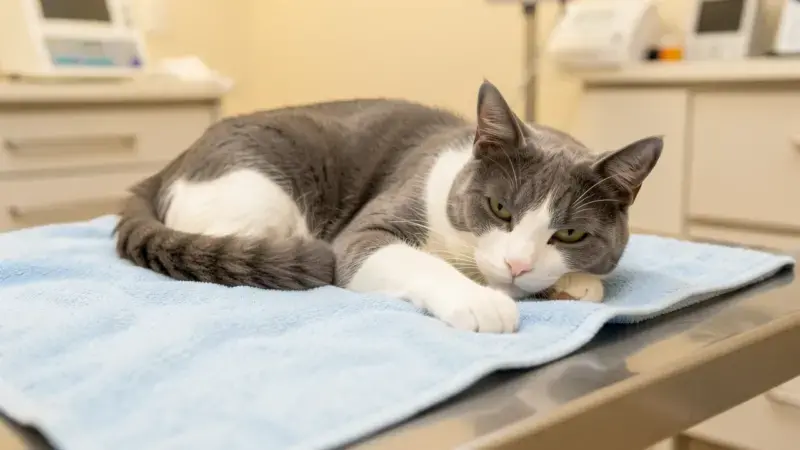 Gato gris y blanco descansando tranquilo sobre manta azul en consulta veterinaria - fiv en gatos cuidados